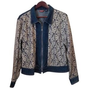 AGAPO‎ Denim Jacket Women's Lace Panel Blue Zipper Front Y2K Size Large BOHO